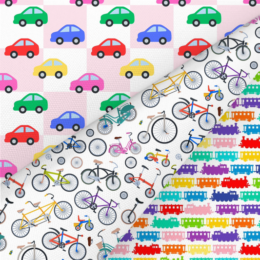 Car, Bicycle And Train Printed Fabric