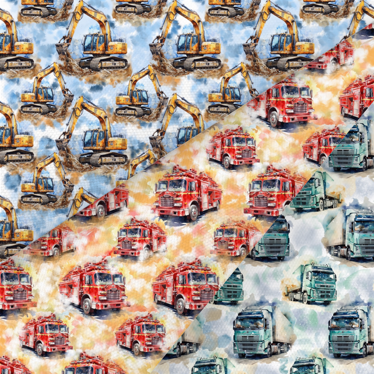 Digger, Fire Engine And HGV Printed Fabric