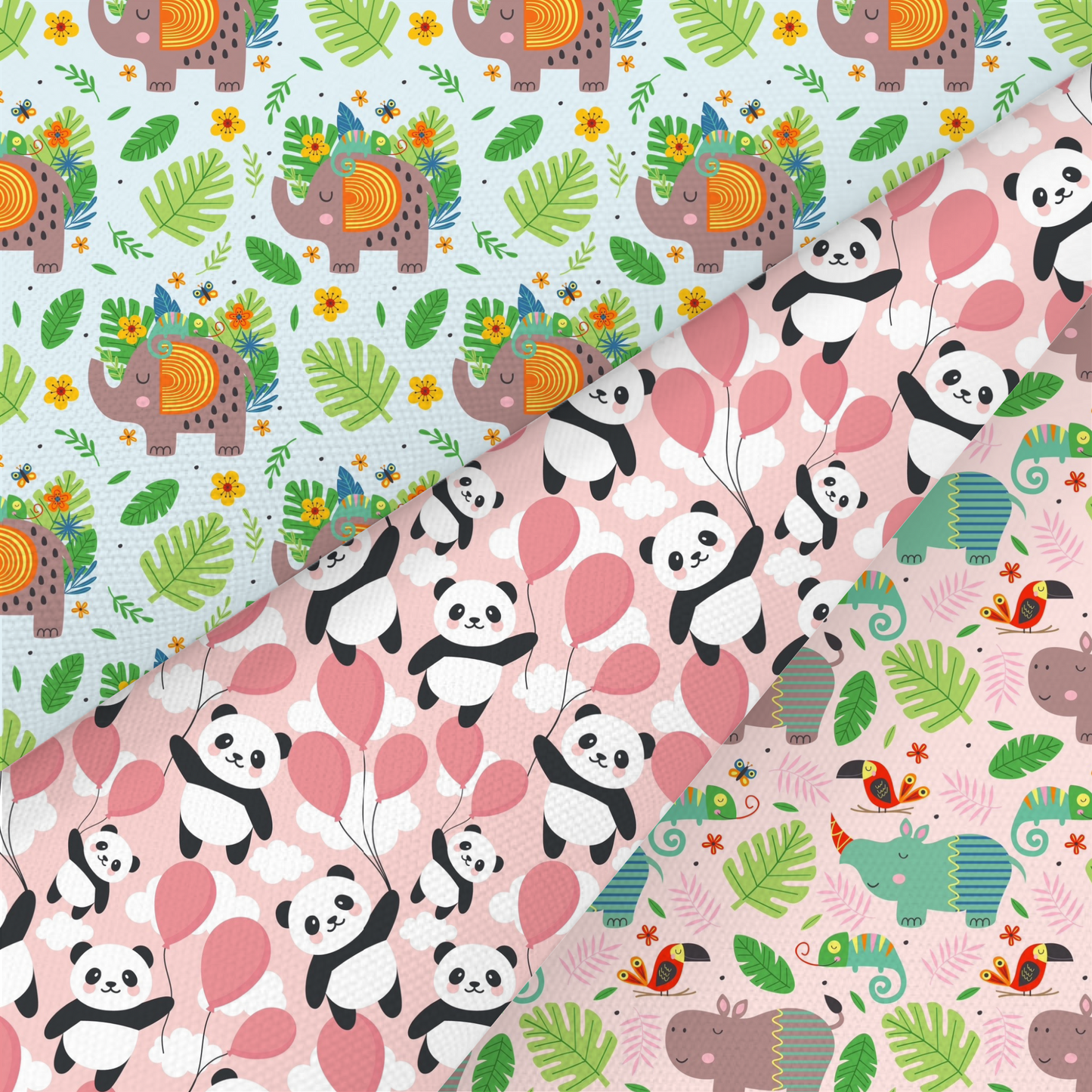 Elephant, Hippo And Panda Printed Fabric