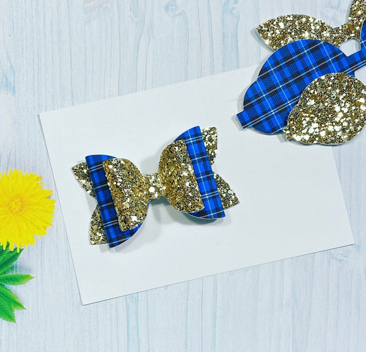 Blue Tartan And Gold Glitter Pre Cut Bows (Sold In Packs Of 3)