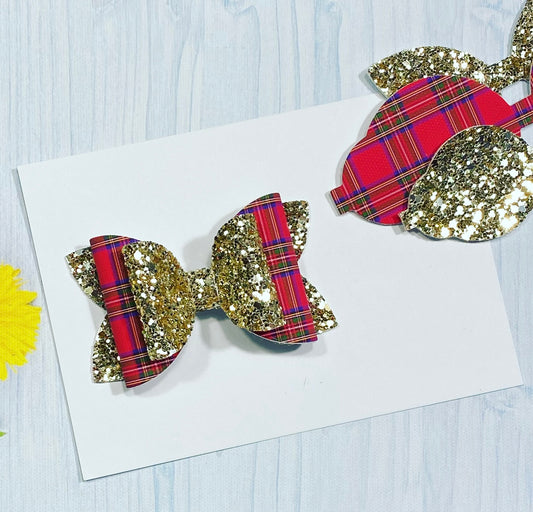 Red Tartan And Gold Glitter Pre Cut Bows (Sold In Packs Of 3)