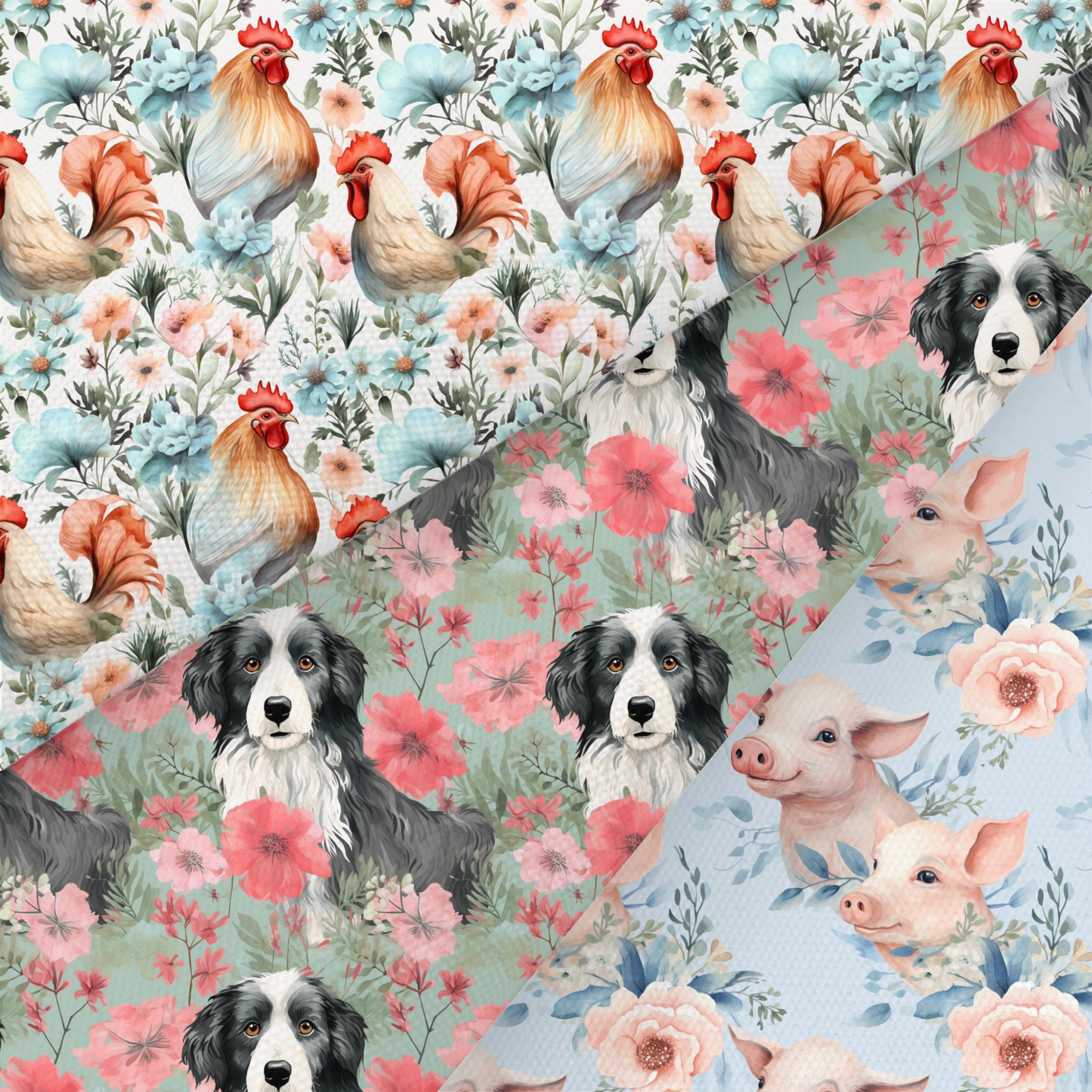 Sheepdog, Hen And Pig Printed Fabric