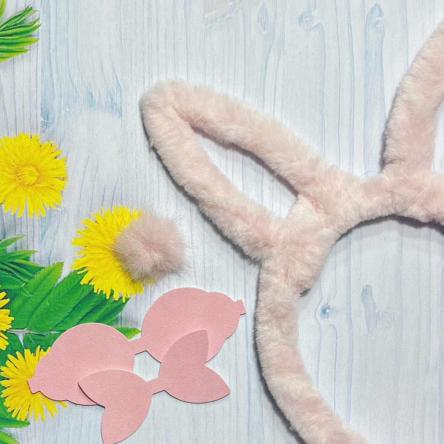 Pink Bunny Ear Faux Fur Headband And Pre Cut Bow/Pom Pom