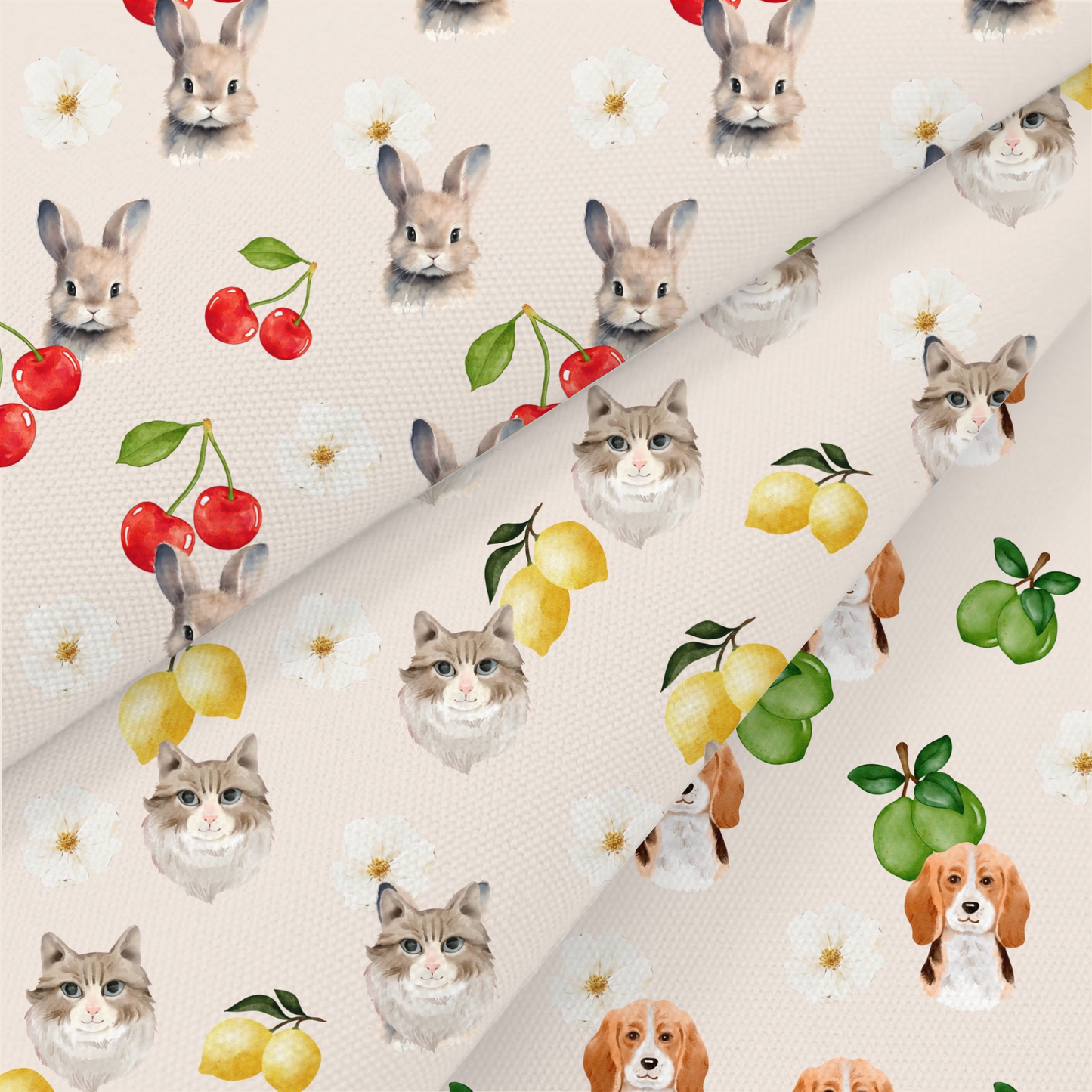 Dog, Cat And Rabbit Printed Fabric