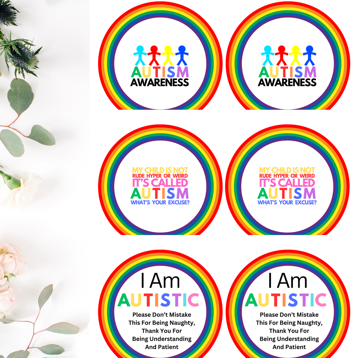 Autism Pre Printed Circle Badges (2 Badges Can Be Cut Per Sheet)